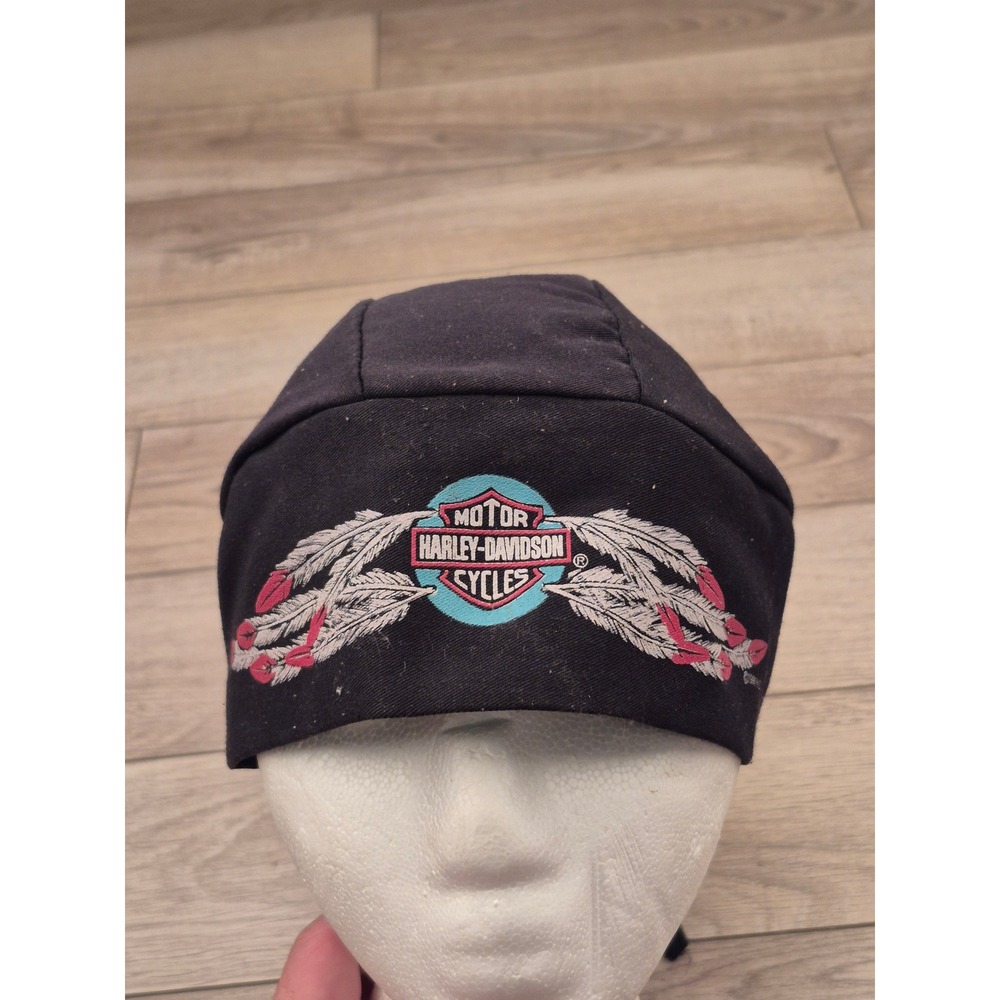Vintage 1996 Harley‎ Davidson Biker Dew Rag Head Wrap Black Feather Logo Men OS